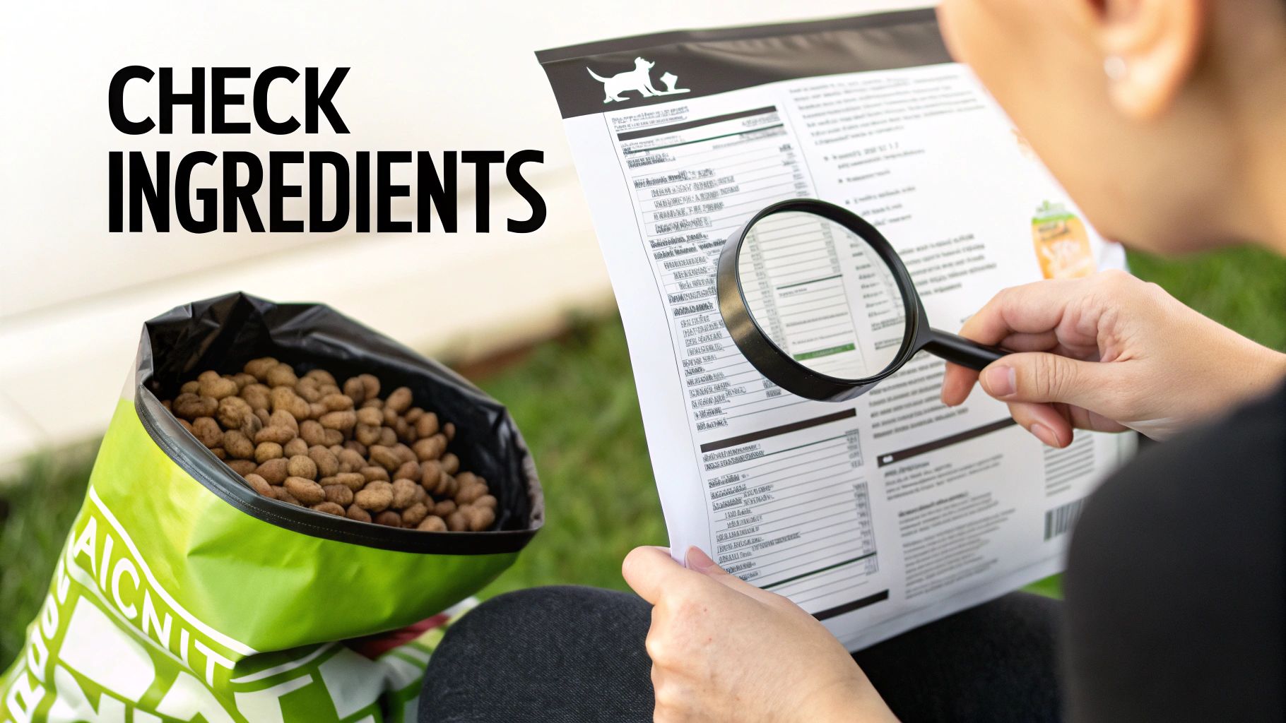 A person uses a magnifying glass to carefully check the ingredients on a pet food label next to a bag of kibble.