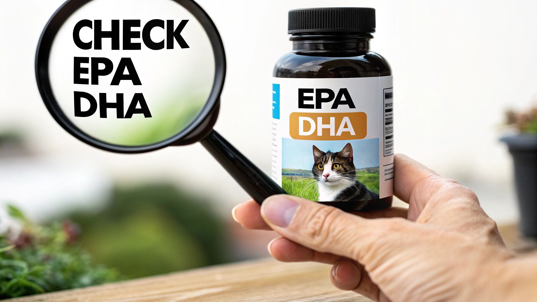 A hand uses a magnifying glass to 'CHECK EPA DHA' on a cat supplement bottle, emphasizing omega-3s.