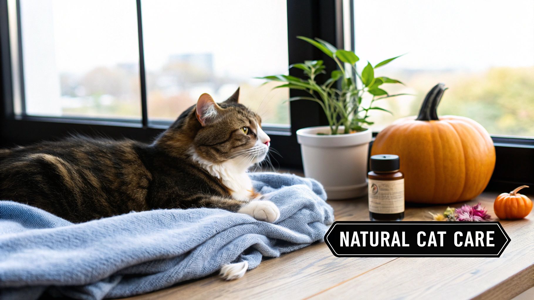 A calm cat resting comfortably in a sunlit room, symbolizing natural wellness.