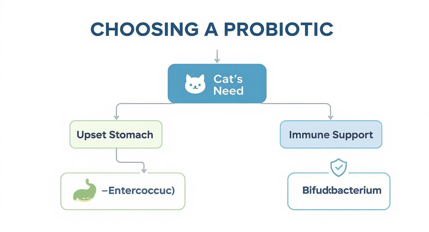 Infographic decision tree for choosing the best probiotics for cats, showing paths for upset stomach and immune support.