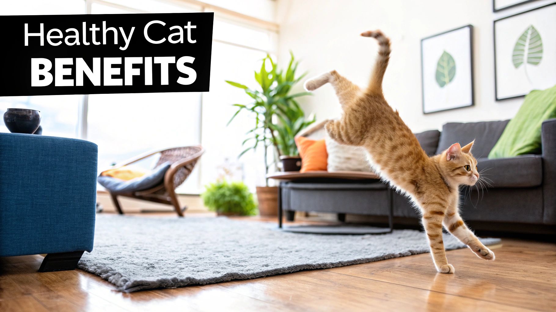 A healthy, vibrant cat with a shiny coat playing happily