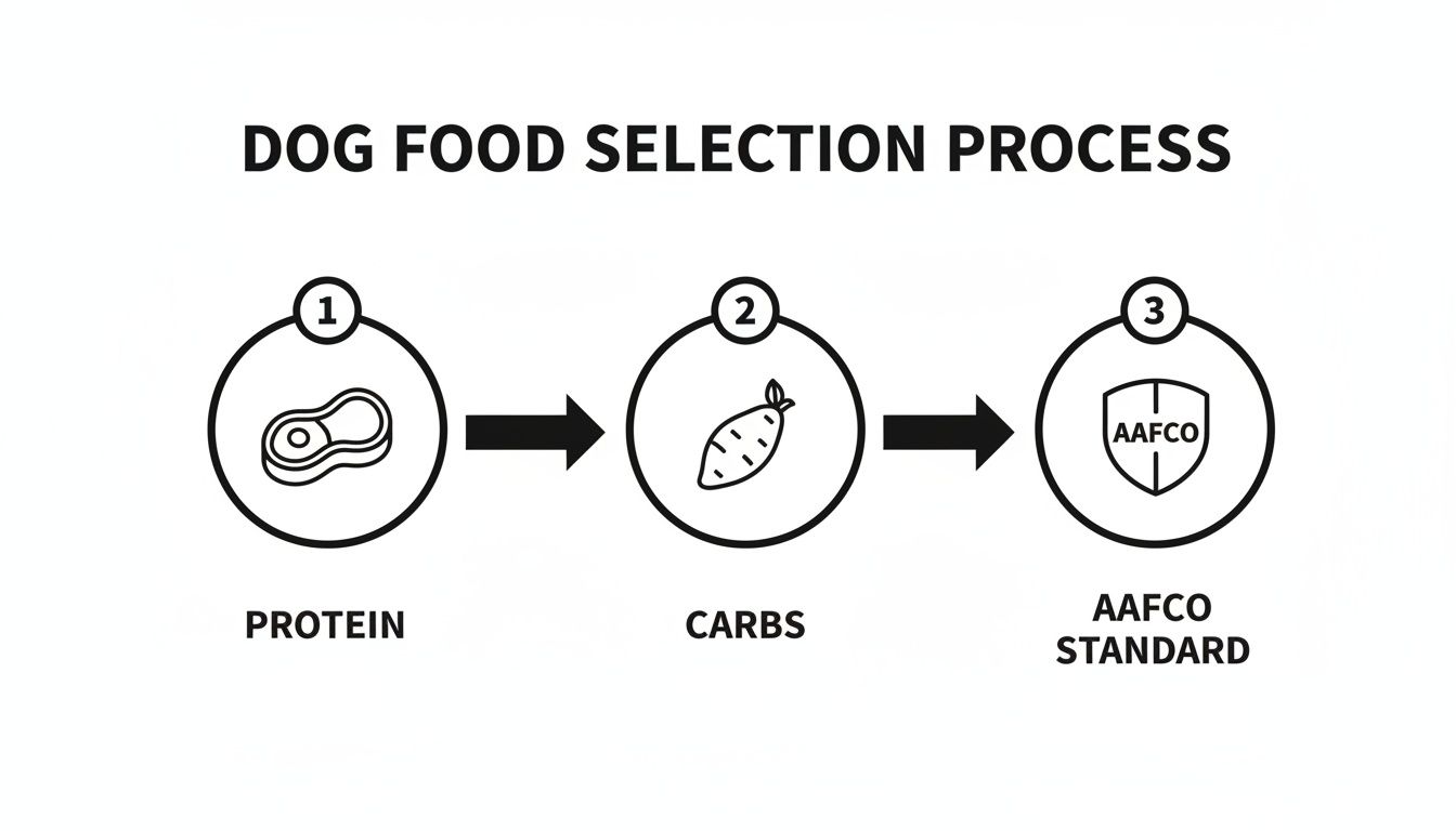 Diagram illustrating the dog food selection process in three steps: Protein, Carbs, and AAFCO Standard.