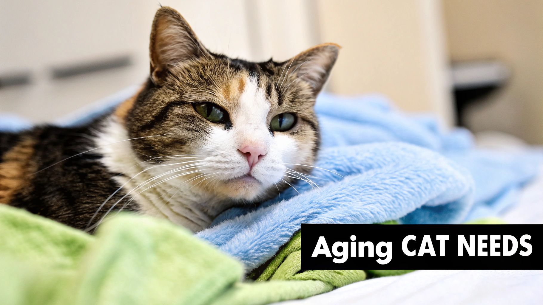 A domestic calico cat, likely senior, with green eyes resting comfortably on soft blue and green blankets, with text overlay "Aging CAT NEEDS."