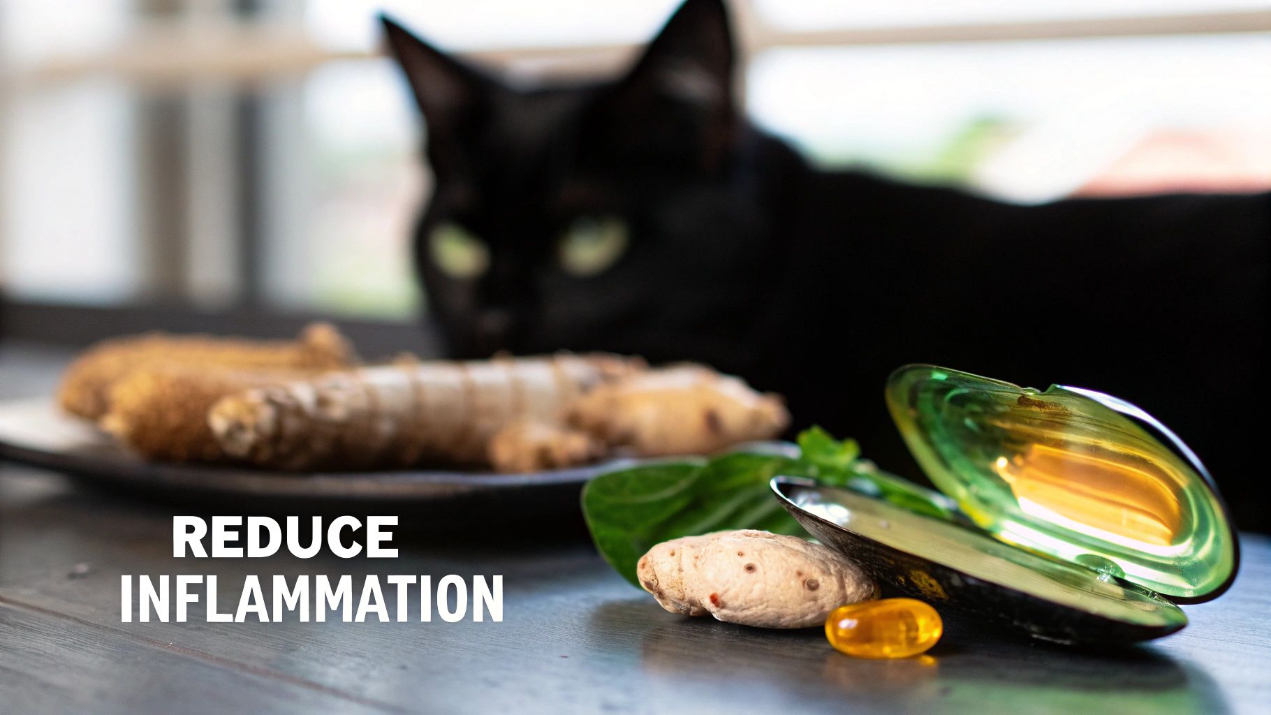 A black cat looks at anti-inflammatory ingredients like ginger, a mussel shell, and a supplement capsule.