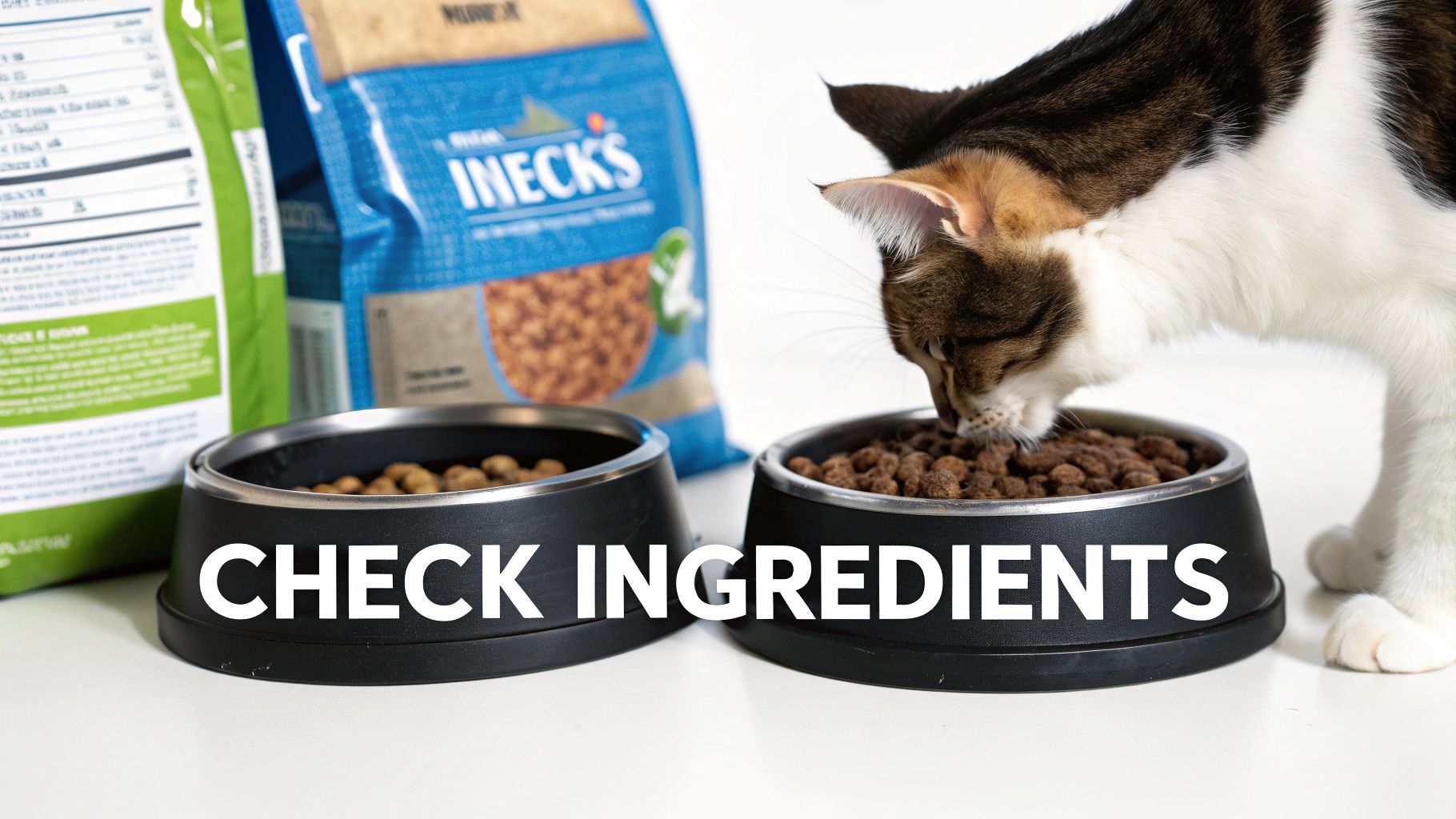 A close-up of a cat eating from a food bowl