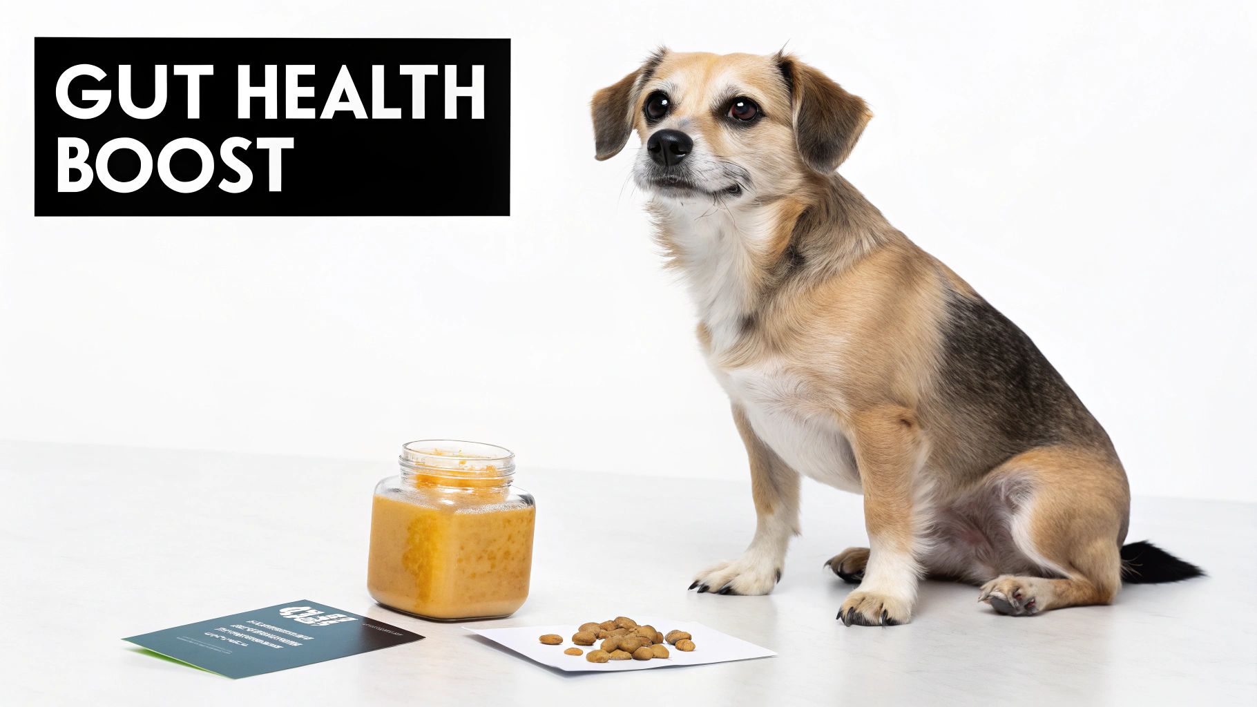 A dog looking at a bowl of pumpkin puree
