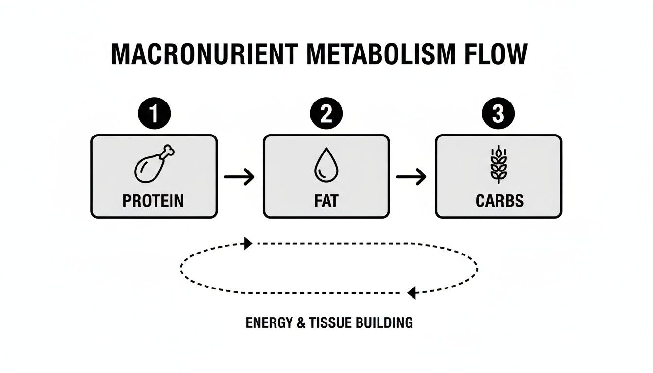 Diagram illustrating the macronutrient metabolism flow: protein to fat to carbs, powering energy and tissue building.