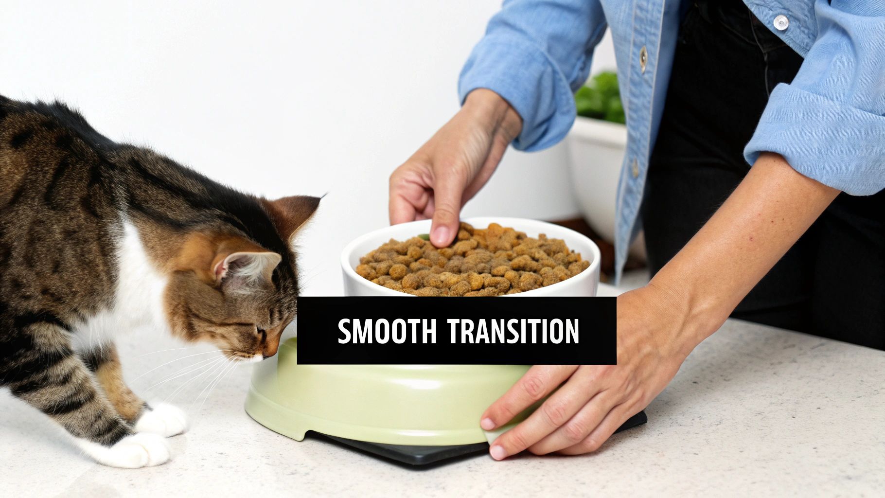A person places a new food bowl as a tabby cat sniffs an empty bowl, showing a smooth transition.