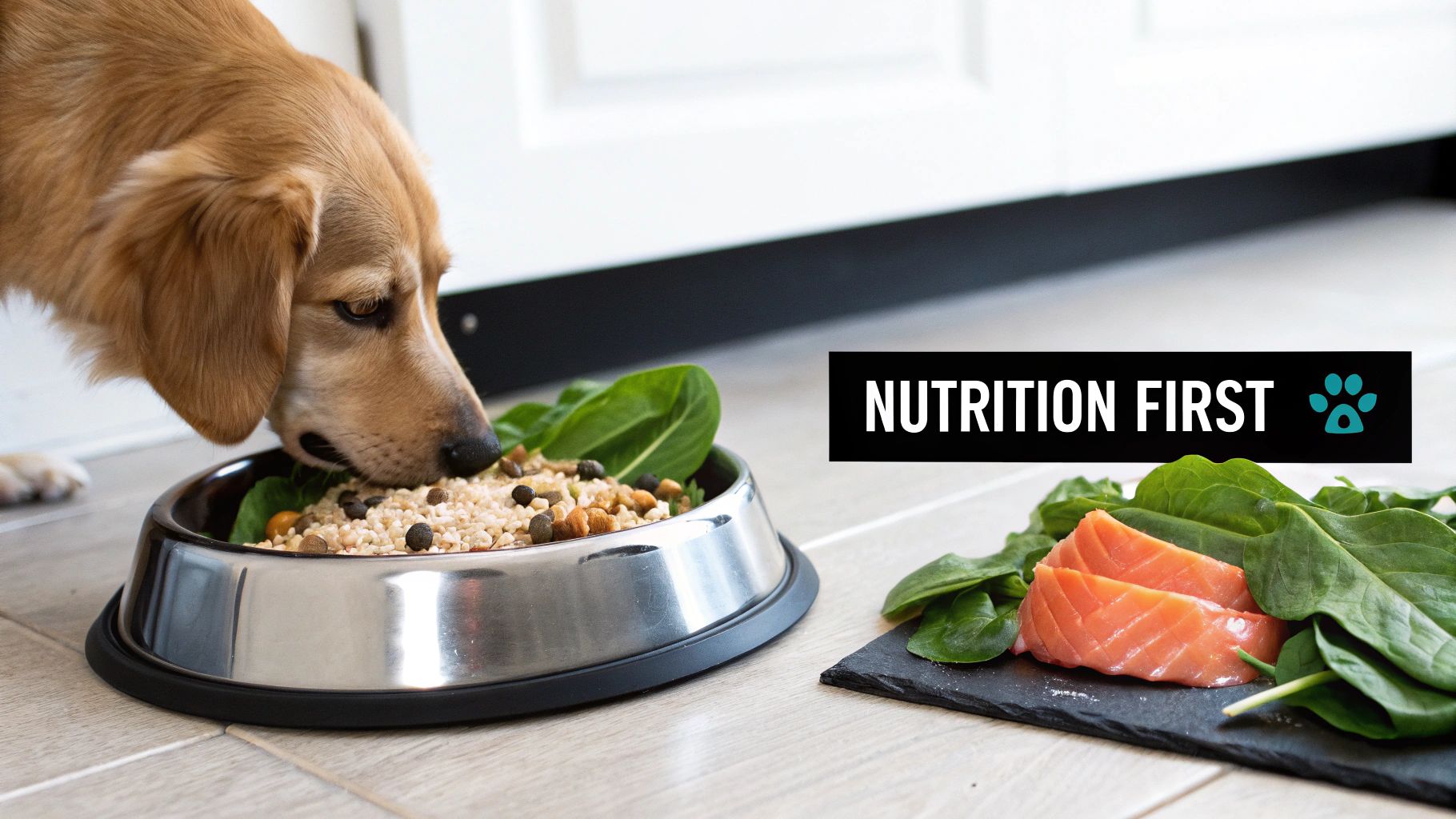 A golden dog eats healthy food from a bowl, with fresh salmon and spinach emphasizing pet nutrition.
