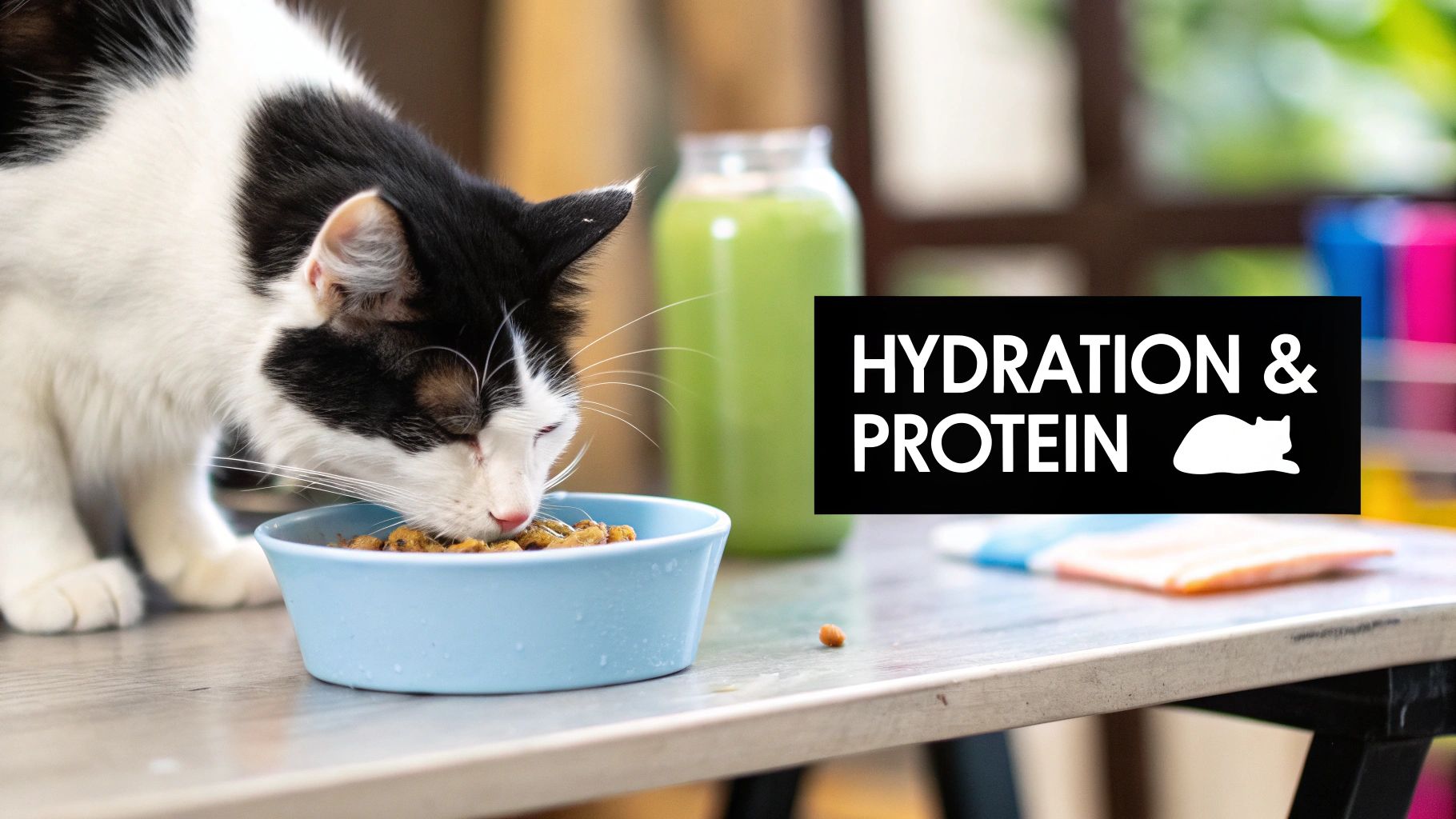 A black and white cat eats dry food from a blue bowl, with "HYDRATION & PROTEIN" text.