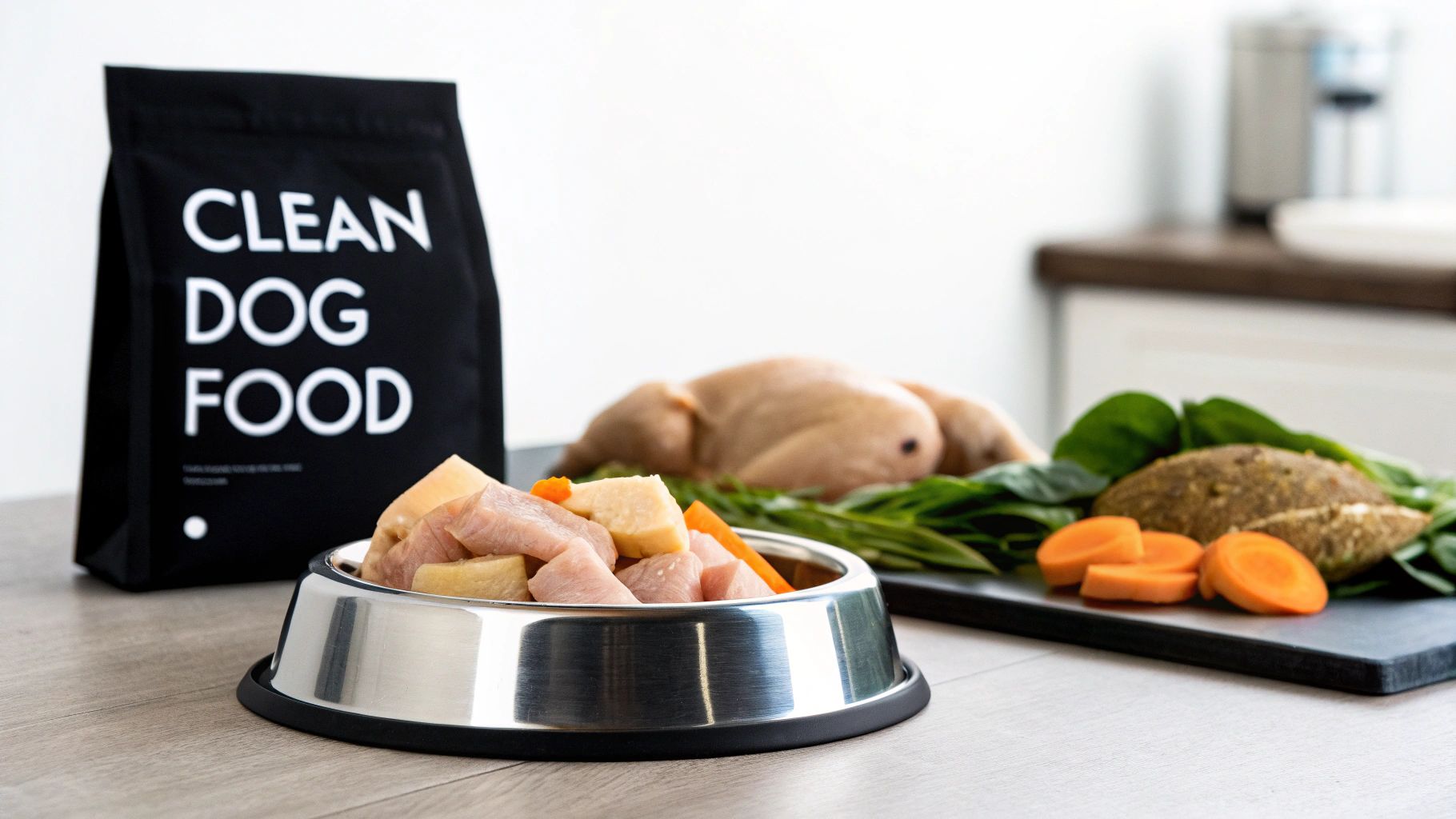 A dog bowl with raw meat and fresh vegetables, beside a 'Clean Dog Food' bag.