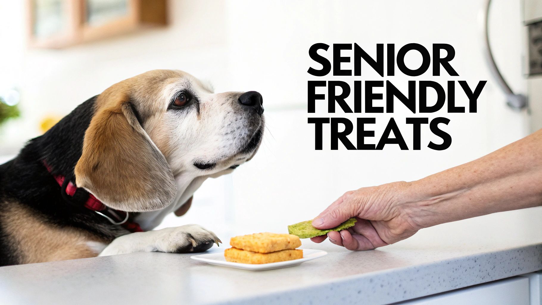 A senior beagle dog looks intently at a hand offering a green treat, with more treats on a plate.