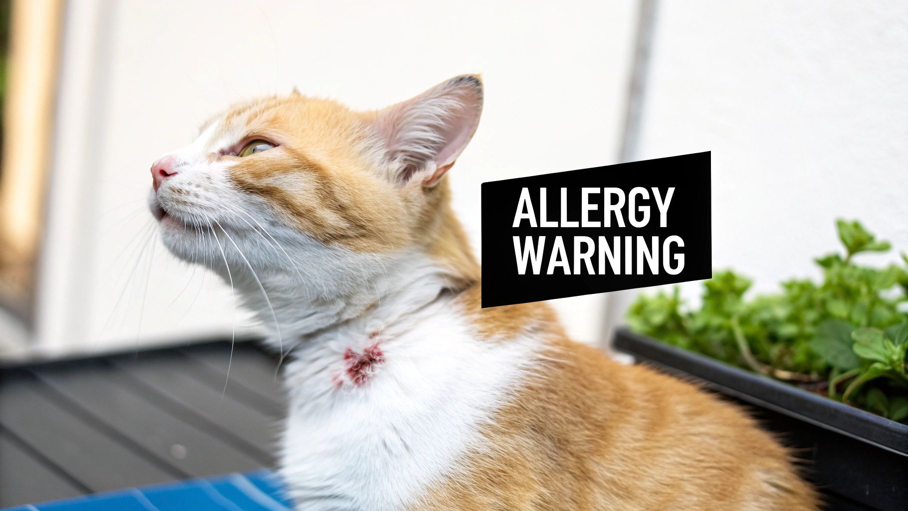 An orange and white cat with a visible red, irritated rash on its neck and an 'ALLERGY WARNING' sign.