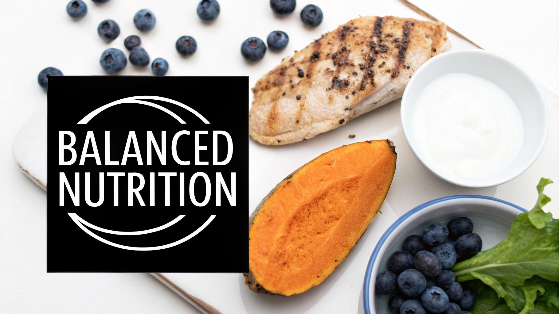 A balanced meal with grilled chicken, sweet potato, blueberries, greens, and yogurt, promoting healthy nutrition.
