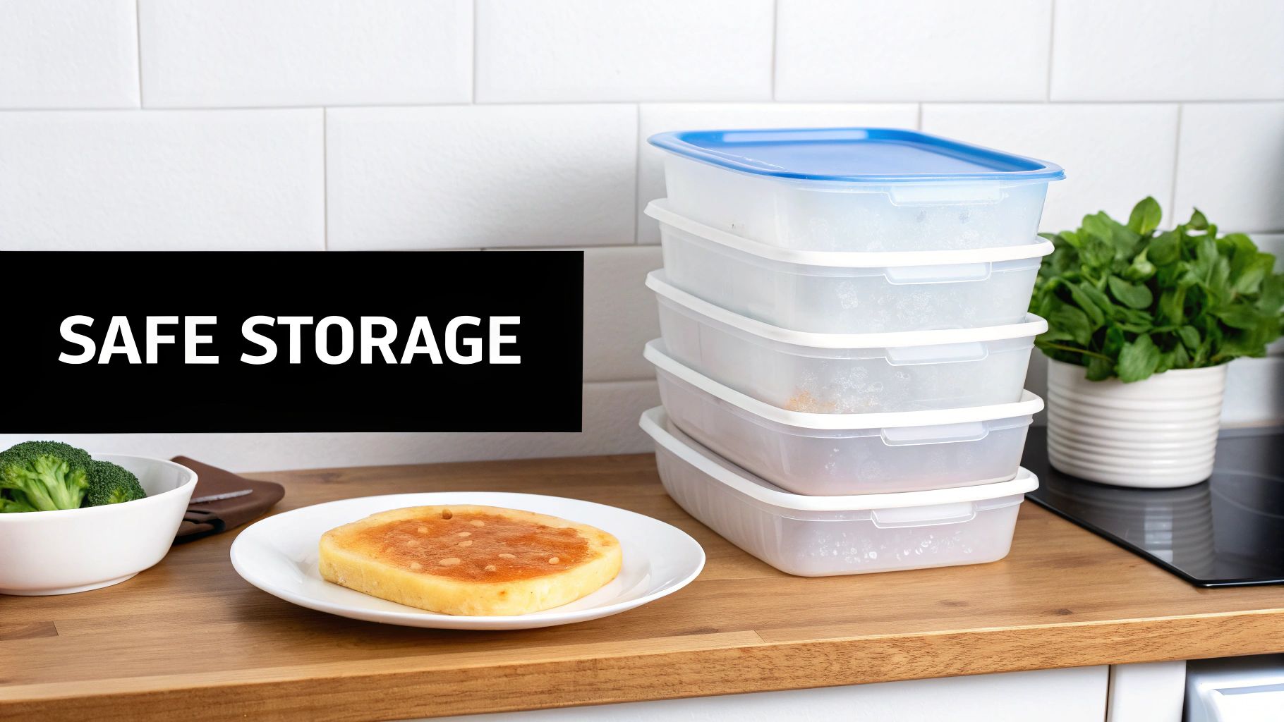 A cat looking up from its bowl, with a person's hand placing the bowl on a clean kitchen floor.