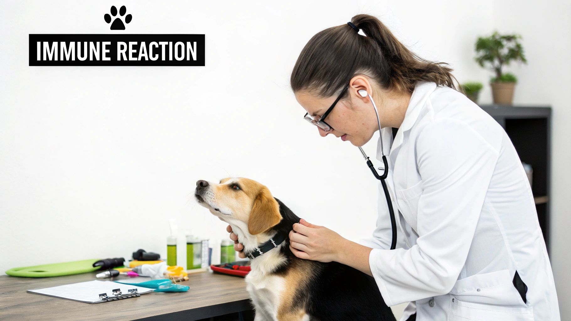 Veterinarian examining beagle dog with stethoscope during immune reaction allergy checkup appointment