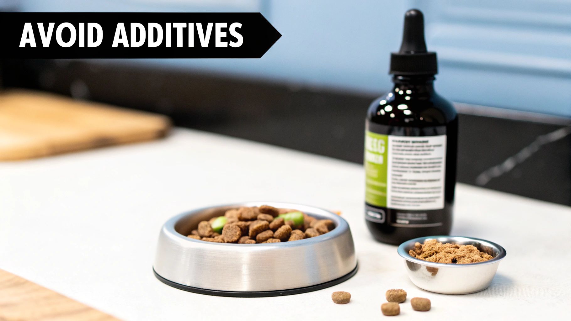 A pet food setup with a stainless steel bowl of kibble, a supplement bottle, and a bowl of powdered food.
