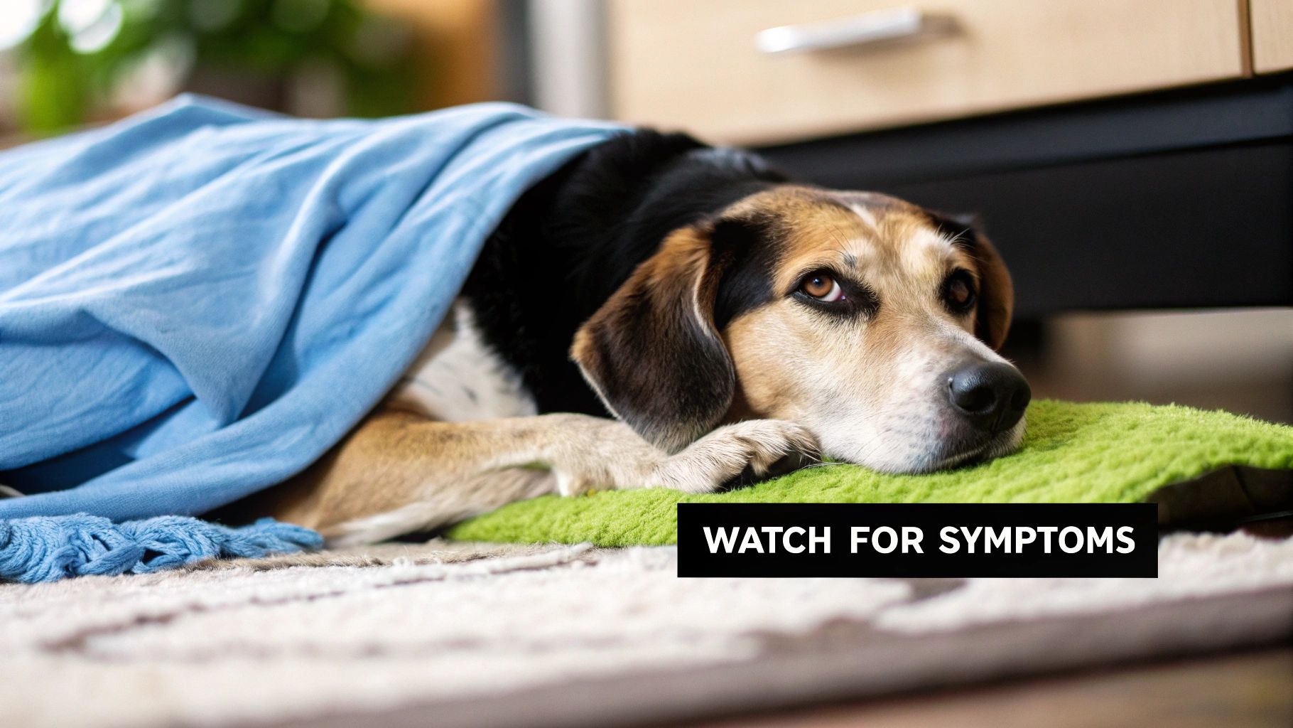 A concerned owner gently checking on their lethargic dog lying on a rug.