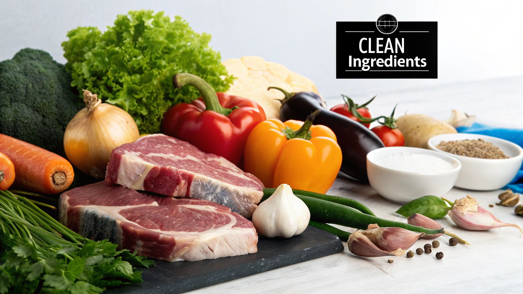 A fresh chicken breast, carrots, and peas arranged neatly next to a bowl of JoyFull high protein dog food.