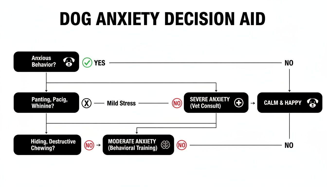 A flowchart titled 'Dog Anxiety Decision Aid' illustrating steps to assess and manage dog anxiety.
