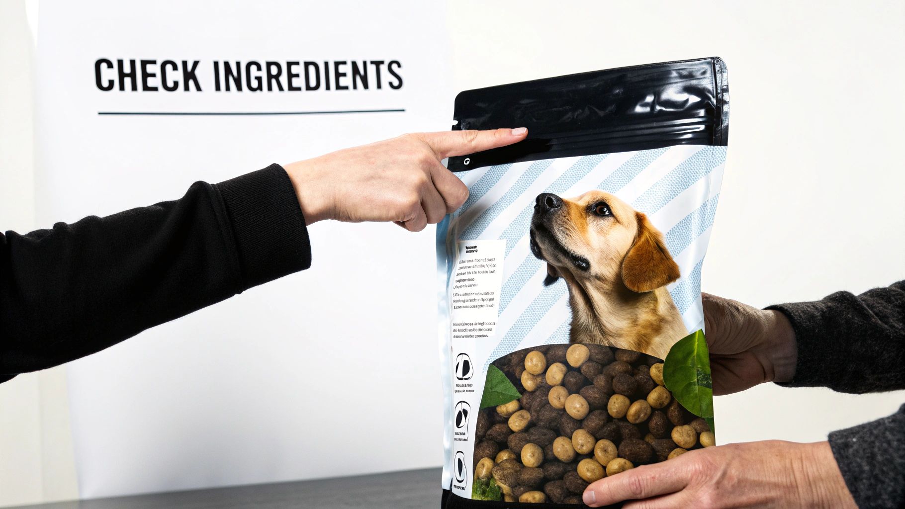 A person points to a dog food bag with a golden retriever, next to a 'CHECK INGREDIENTS' sign.