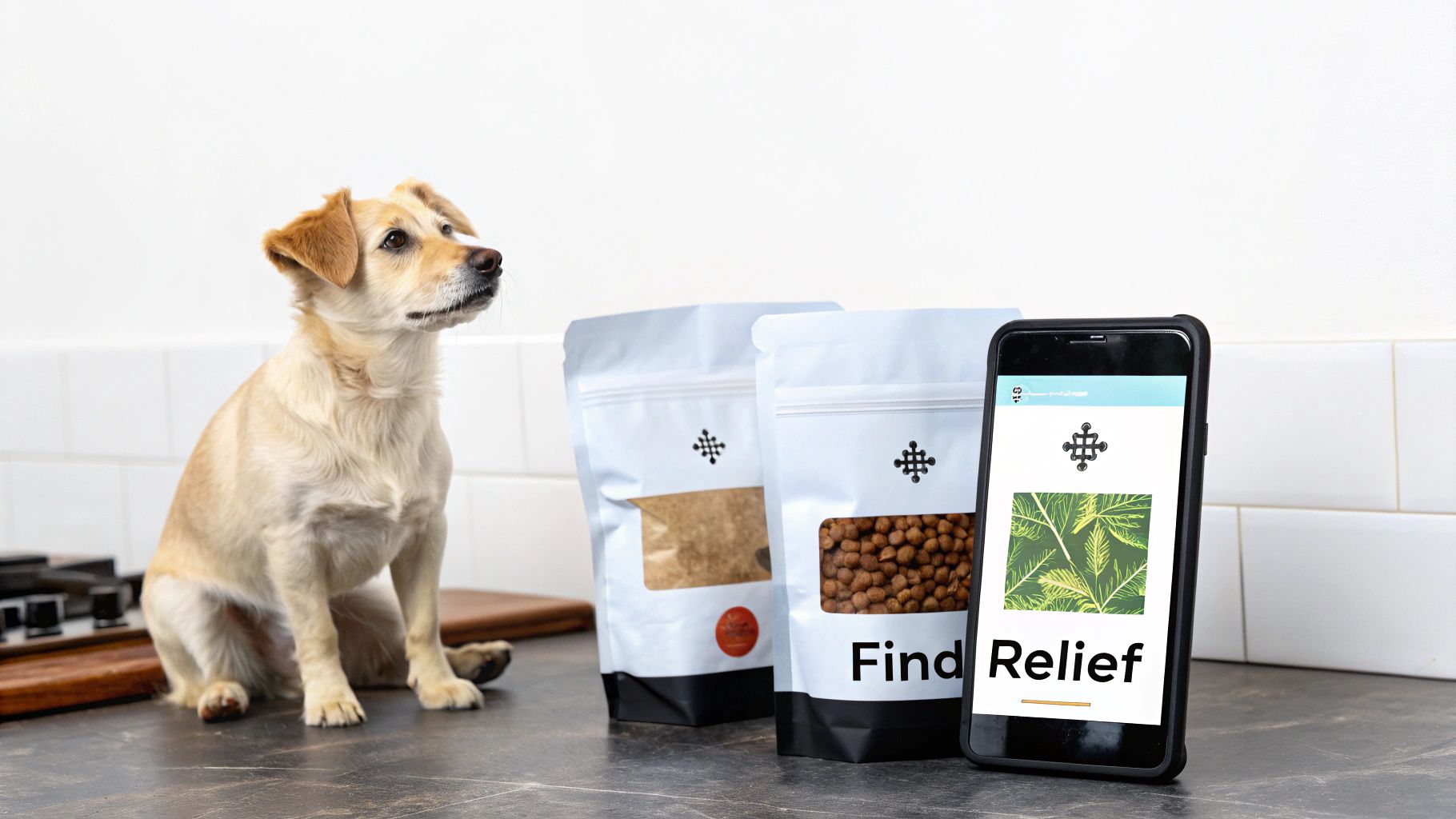 A happy dog with a bowl of hypoallergenic food.