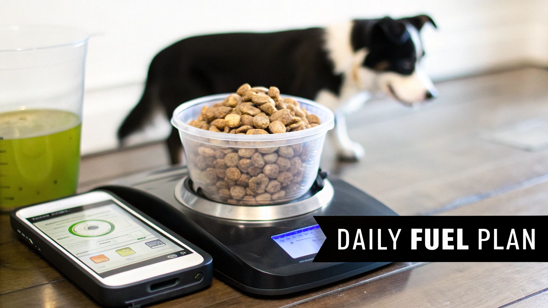 Dog food being measured on a digital scale with a smartphone displaying a nutrition plan, and a dog in the background.