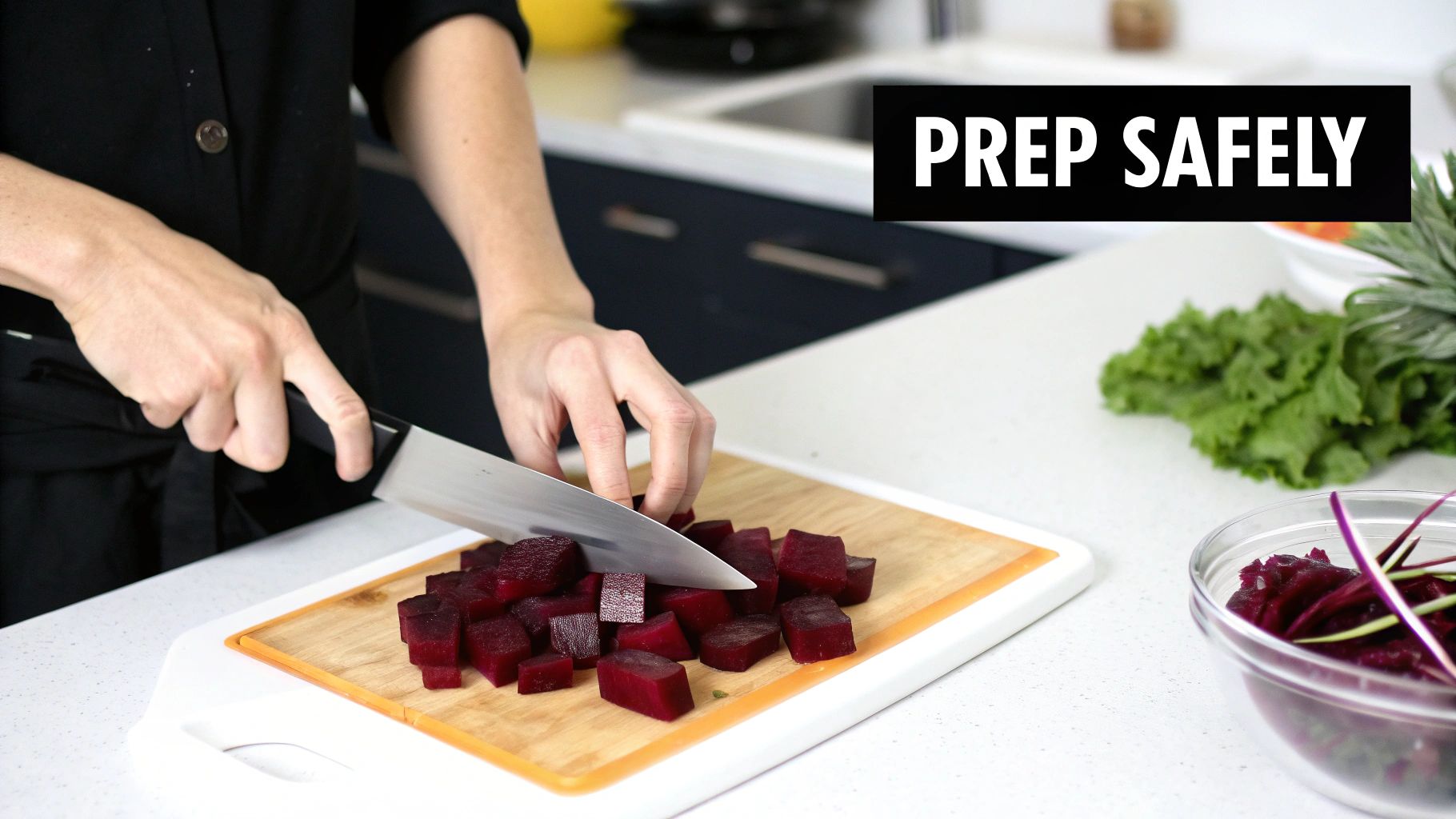 Person safely chopping fresh beets into cubes on wooden cutting board in kitchen