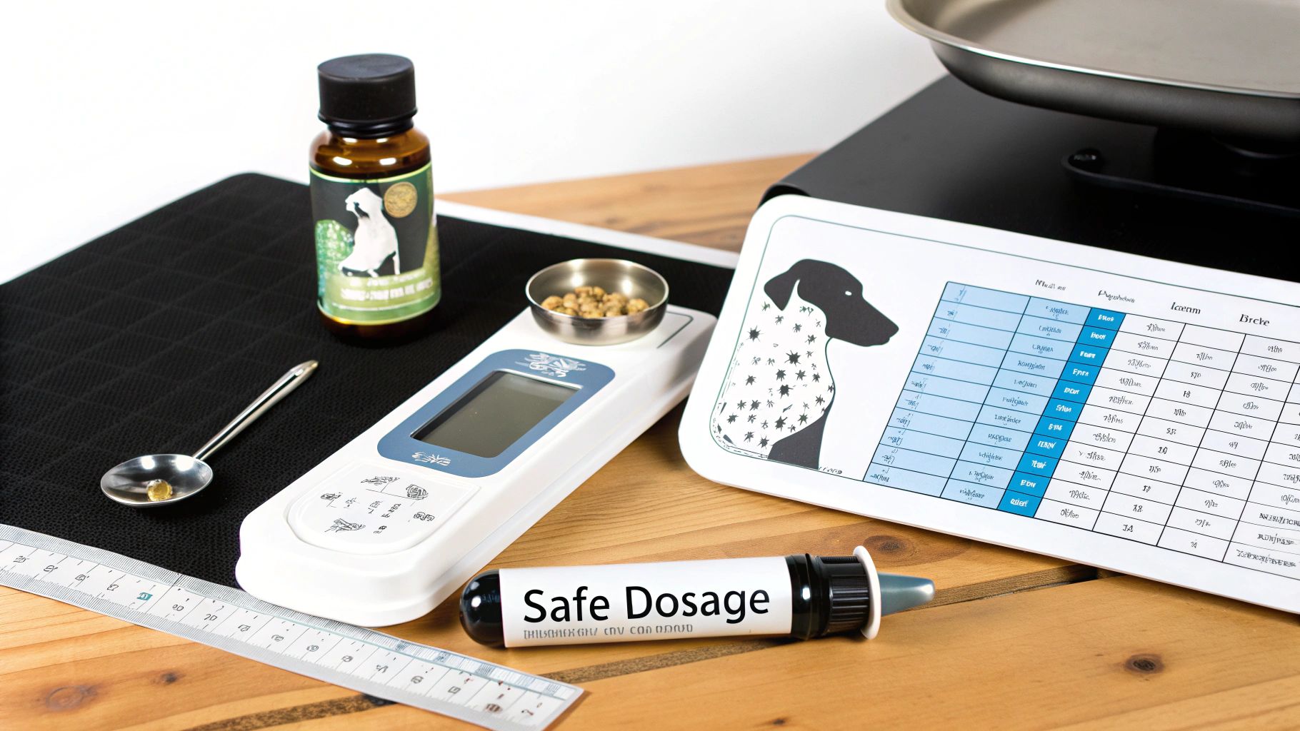 Pet health products including a scale, supplements, and a dosage chart for safe pet care.
