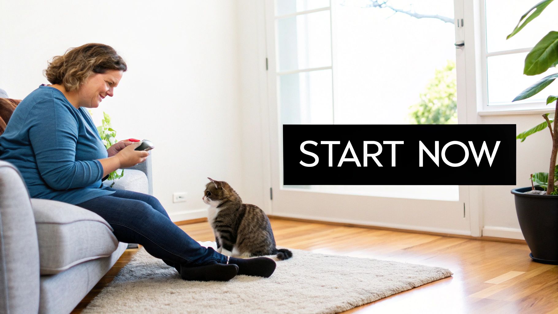A woman sits on a sofa, happily using her phone, while a cat watches her.