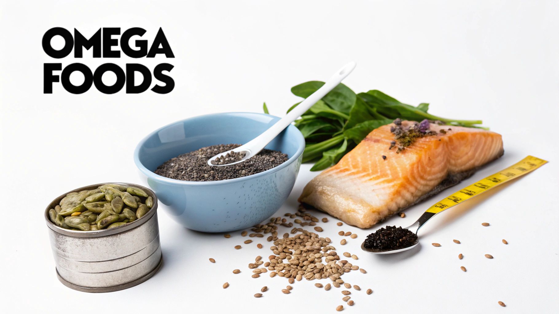 A variety of omega-rich foods including salmon, chia seeds, pumpkin seeds, and flax seeds on a white background.