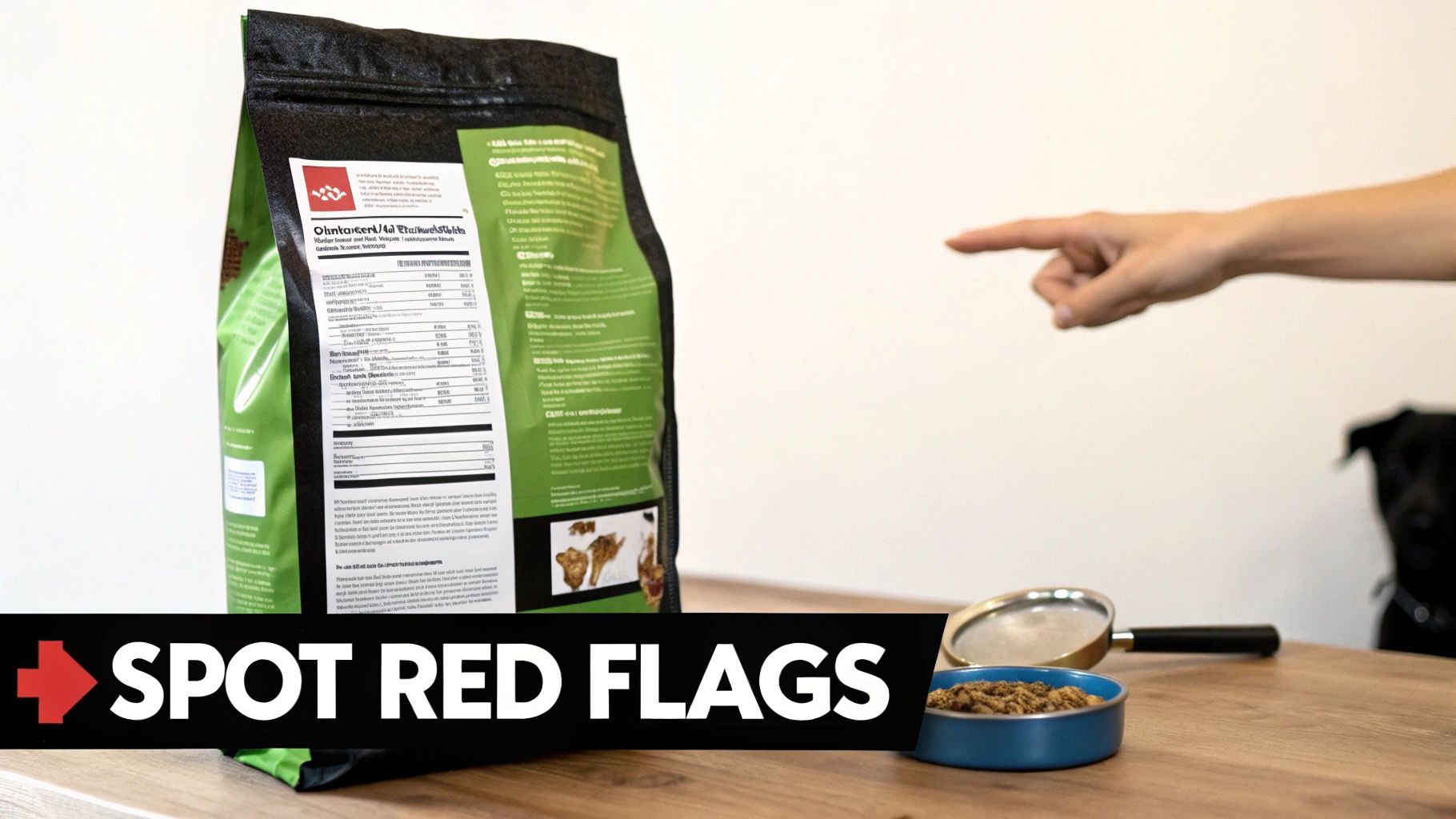 A person points at the nutrition label on a pet food bag, with a magnifying glass and food.