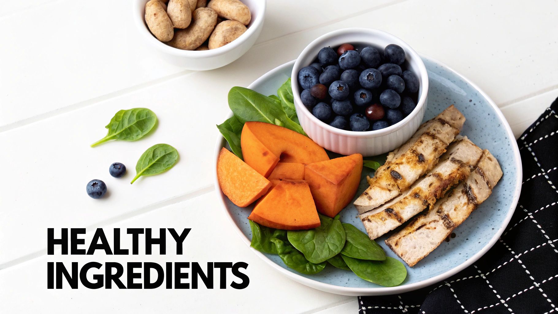 Healthy ingredients plate with grilled chicken, sweet potato, blueberries, spinach and nuts on white background