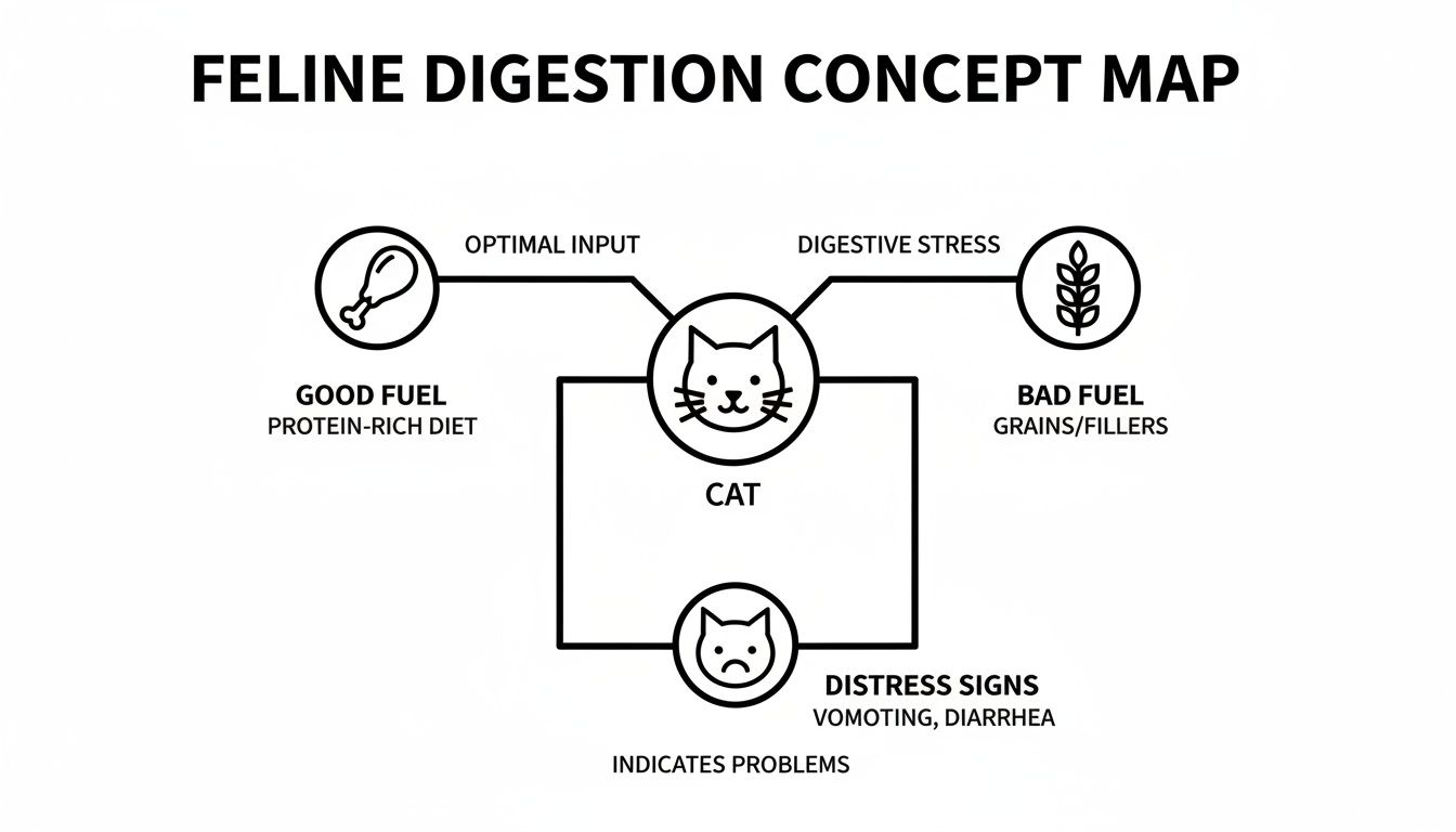 A concept map illustrating feline digestion, showing good fuel and bad fuel inputs and their impact on a cat's health.