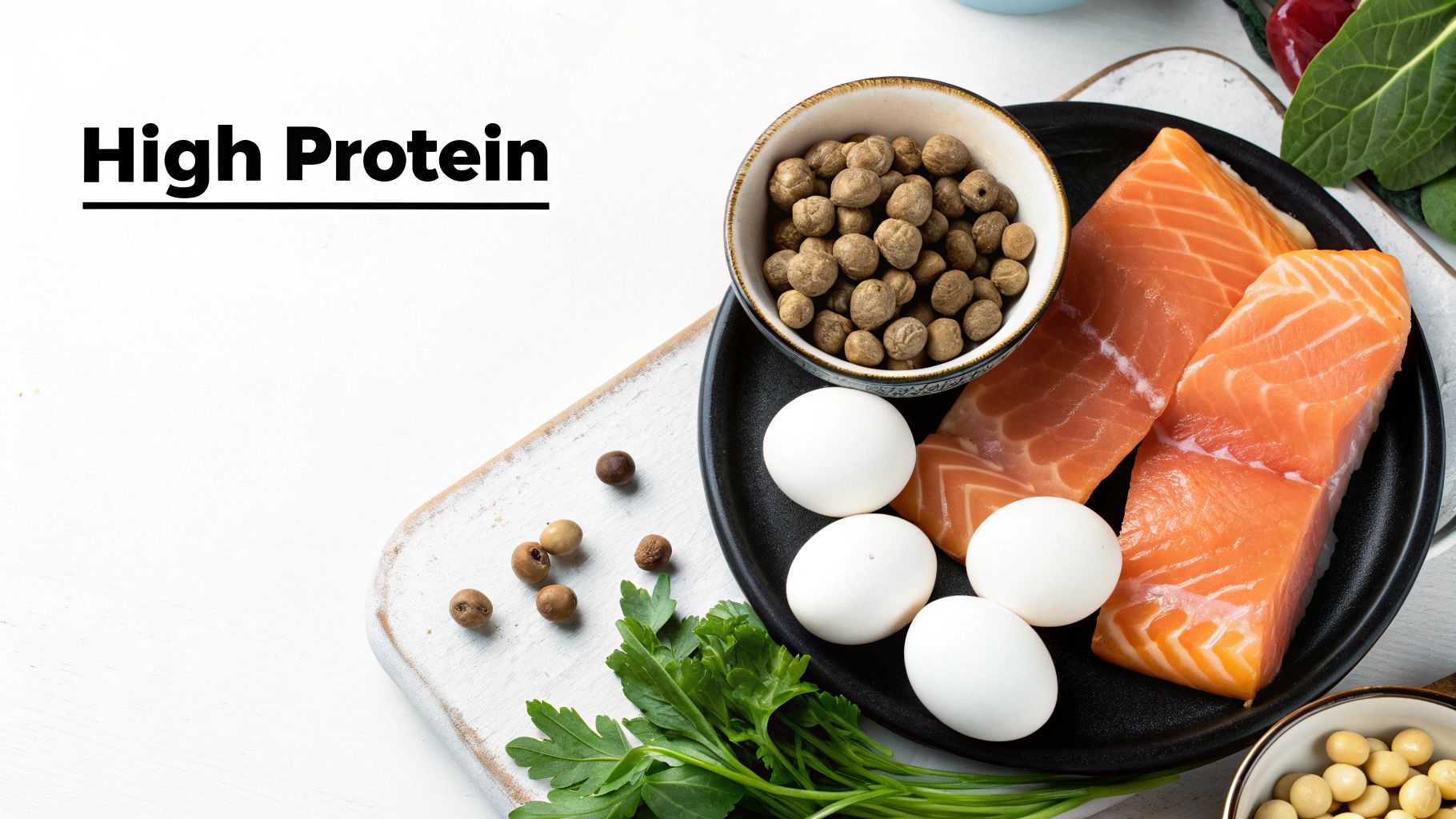 A selection of high protein foods including salmon fillets, eggs, and chickpeas, with text 'High Protein'.