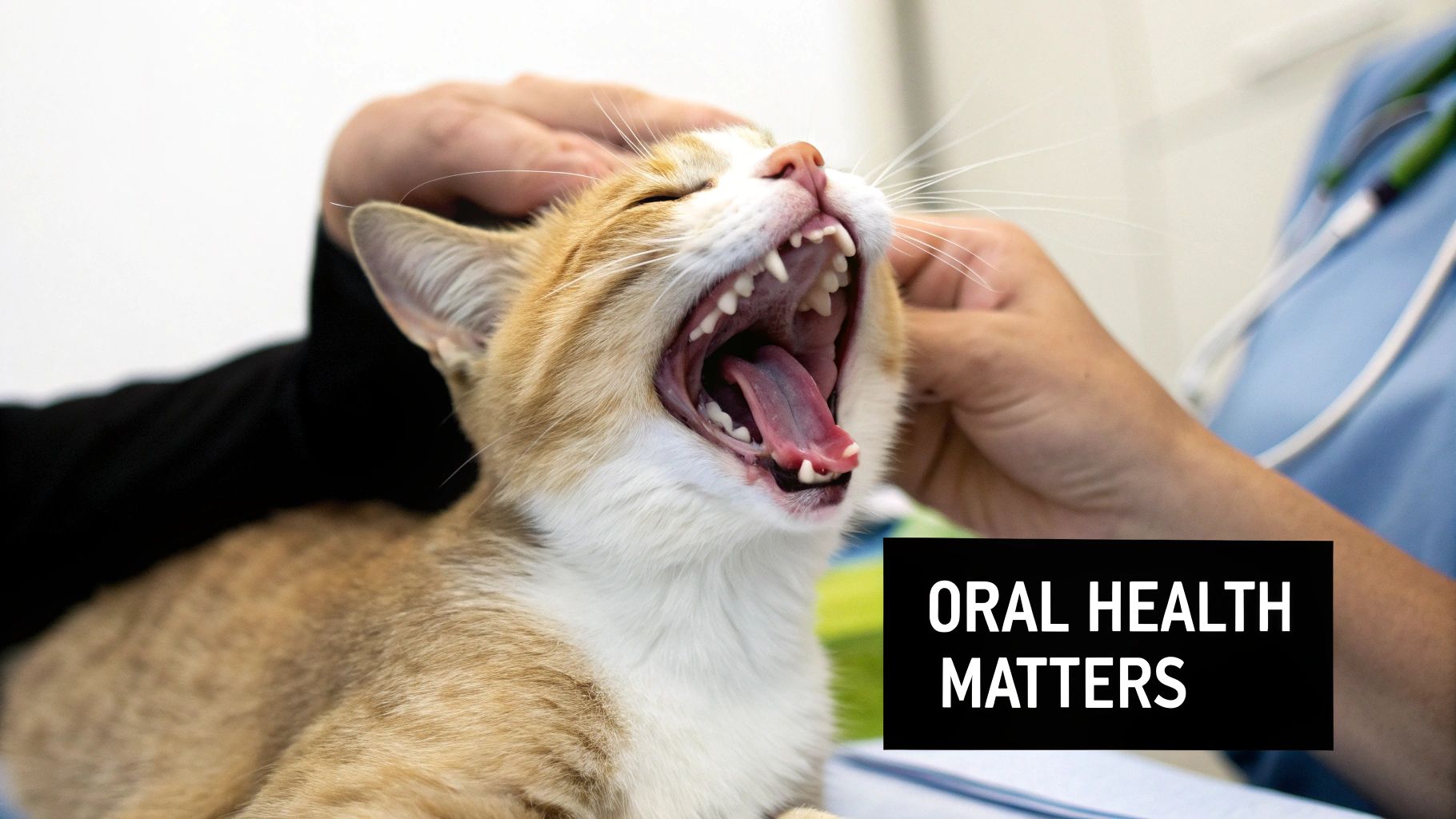 A close-up of a cat's mouth, showing its teeth and gums while it yawns