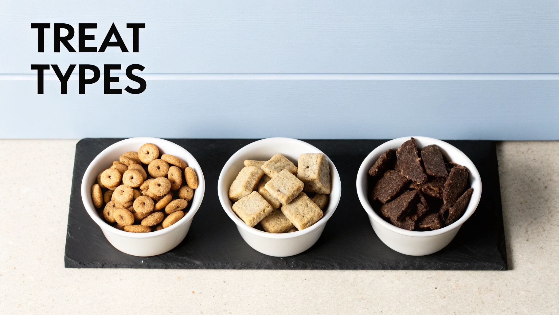 Three white bowls filled with different pet treat types on a black slate tray.