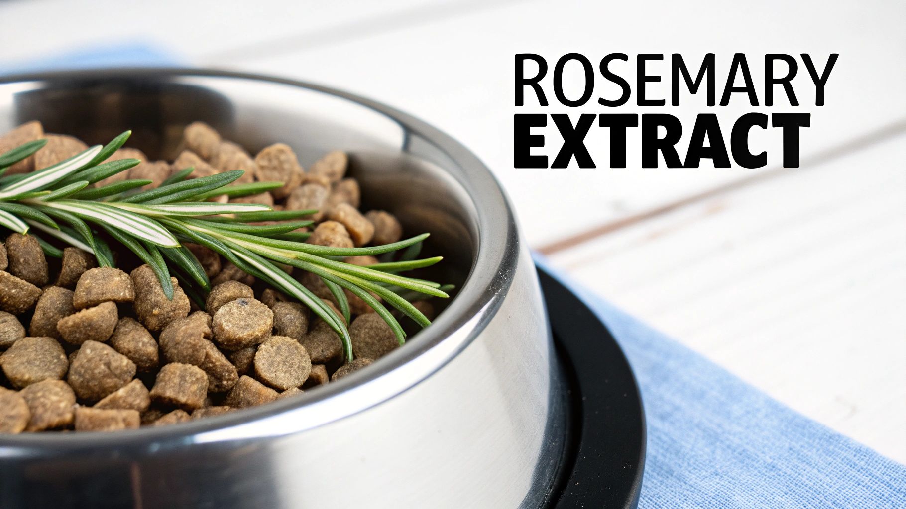 Dry dog food kibble in a metal bowl with fresh rosemary, promoting 'Rosemary Extract' for pets.