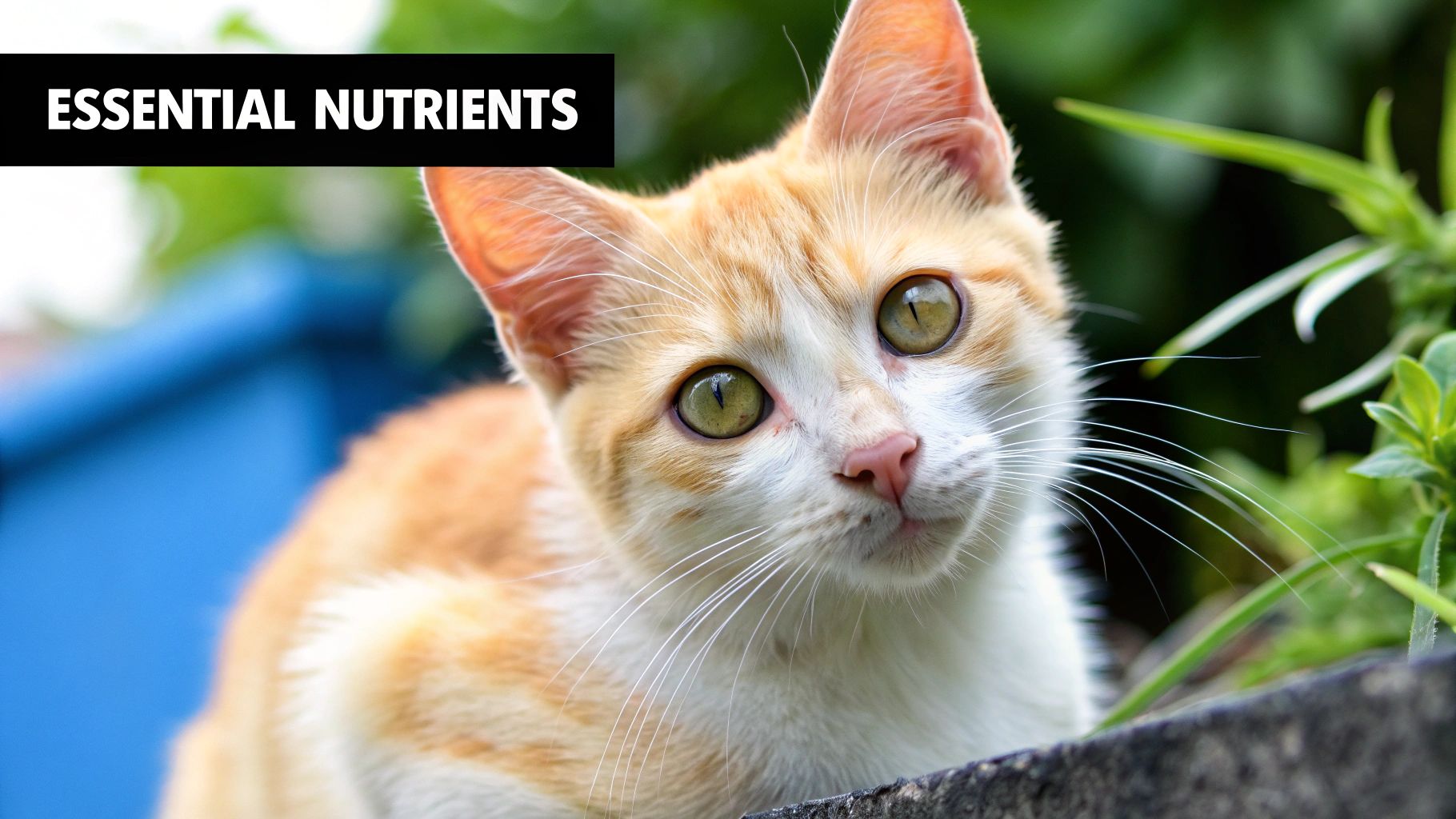 A close-up of a cat's face with bright, healthy eyes, showcasing good nutrition.