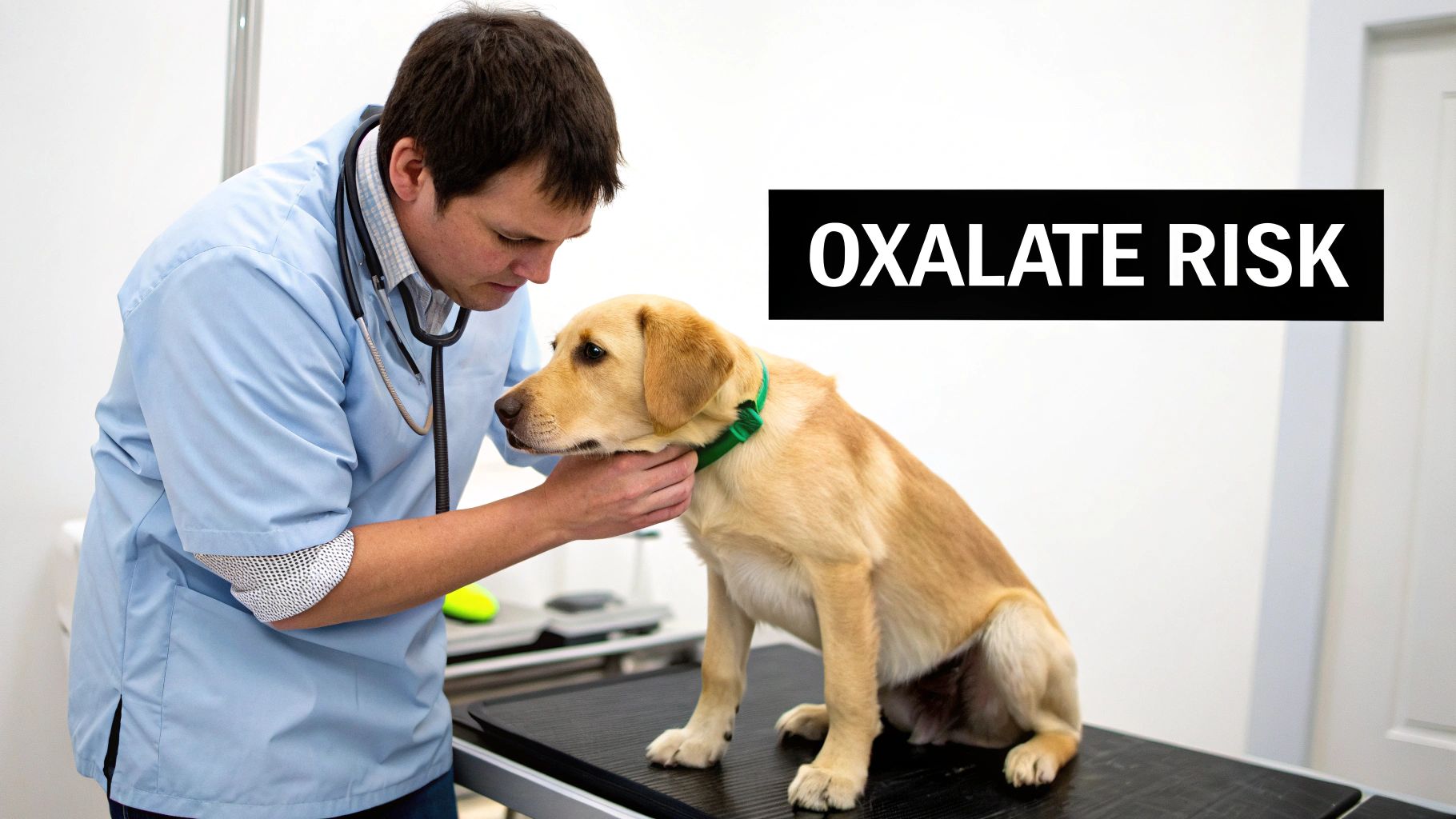 A veterinarian examines a yellow Labrador dog on a table, with a 'OXALATE RISK' warning.