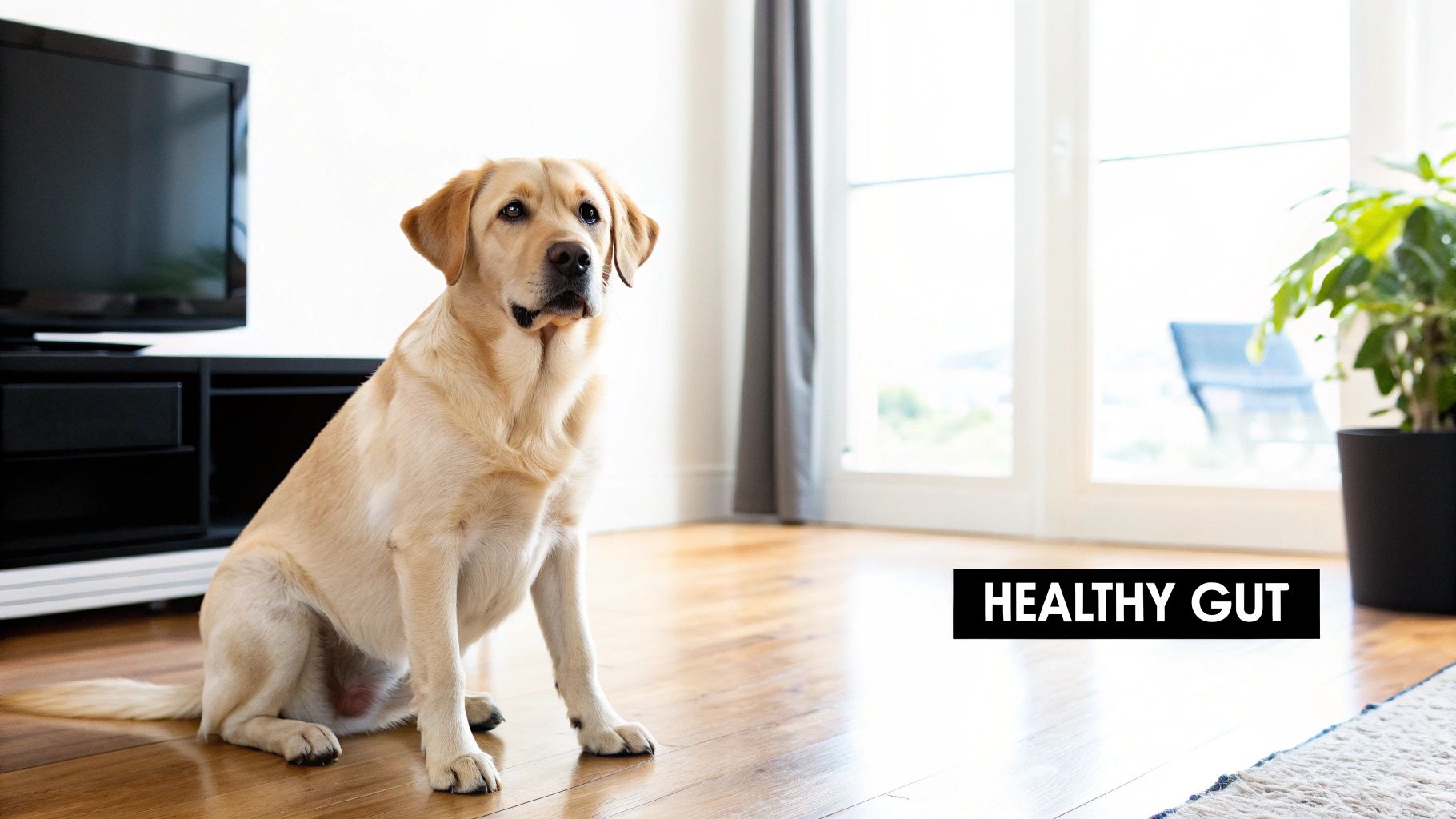 A yellow Labrador dog sits patiently on a wooden floor in a bright home, emphasizing 'HEALTHY GUT'.