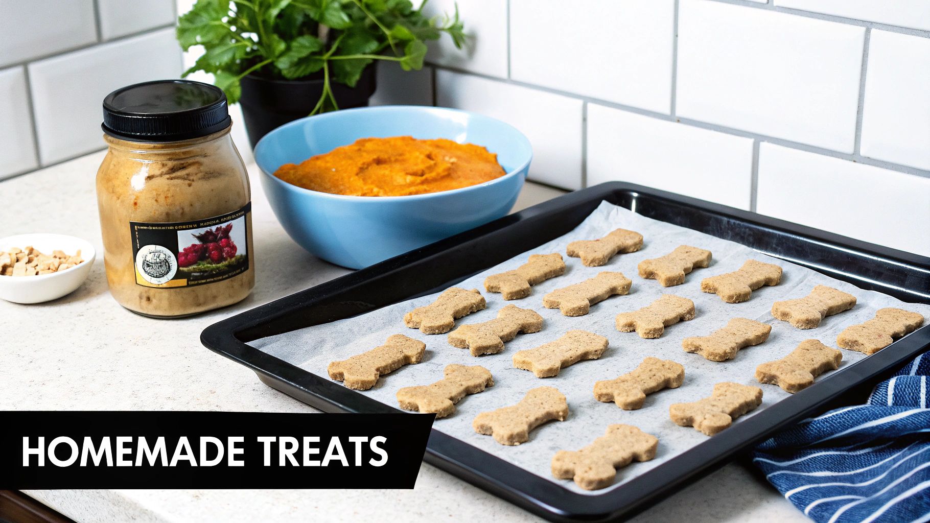Homemade bone-shaped dog treats on a baking sheet with ingredients like peanut butter and sweet potato puree.