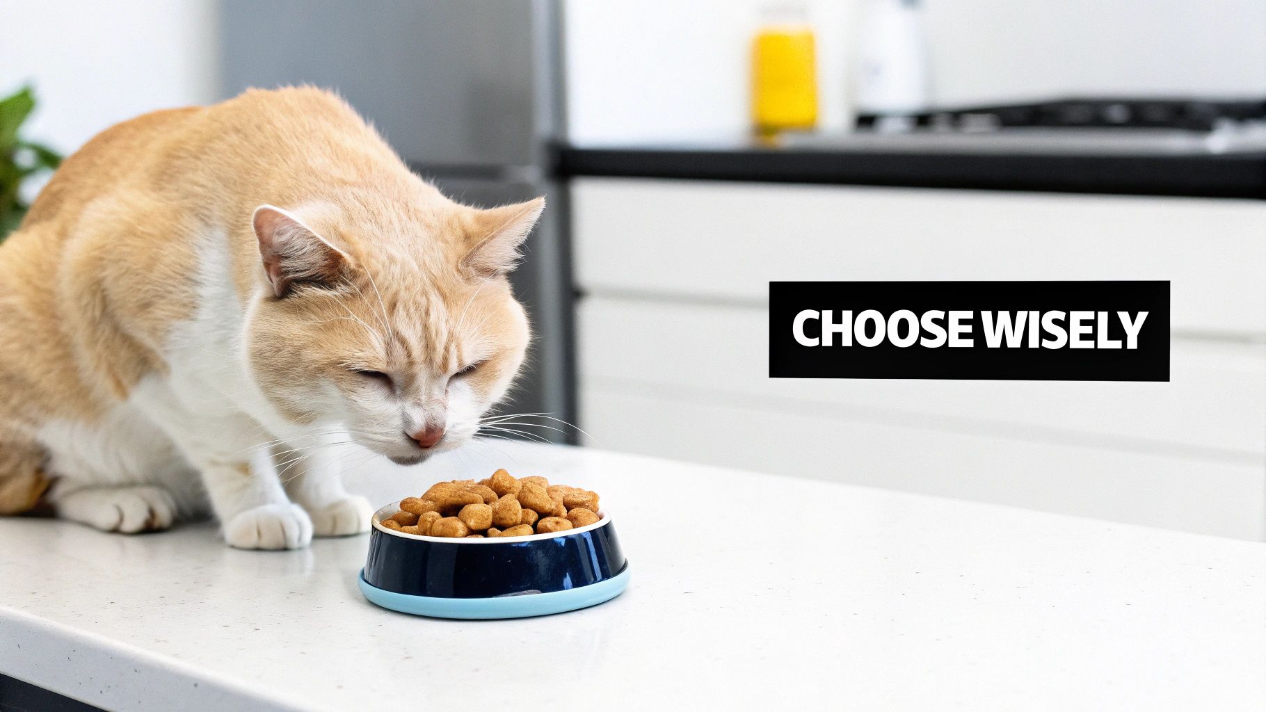 A light orange and white cat sniffs a bowl of dry food on a white kitchen counter, with the text 'CHOOSE WISELY'.