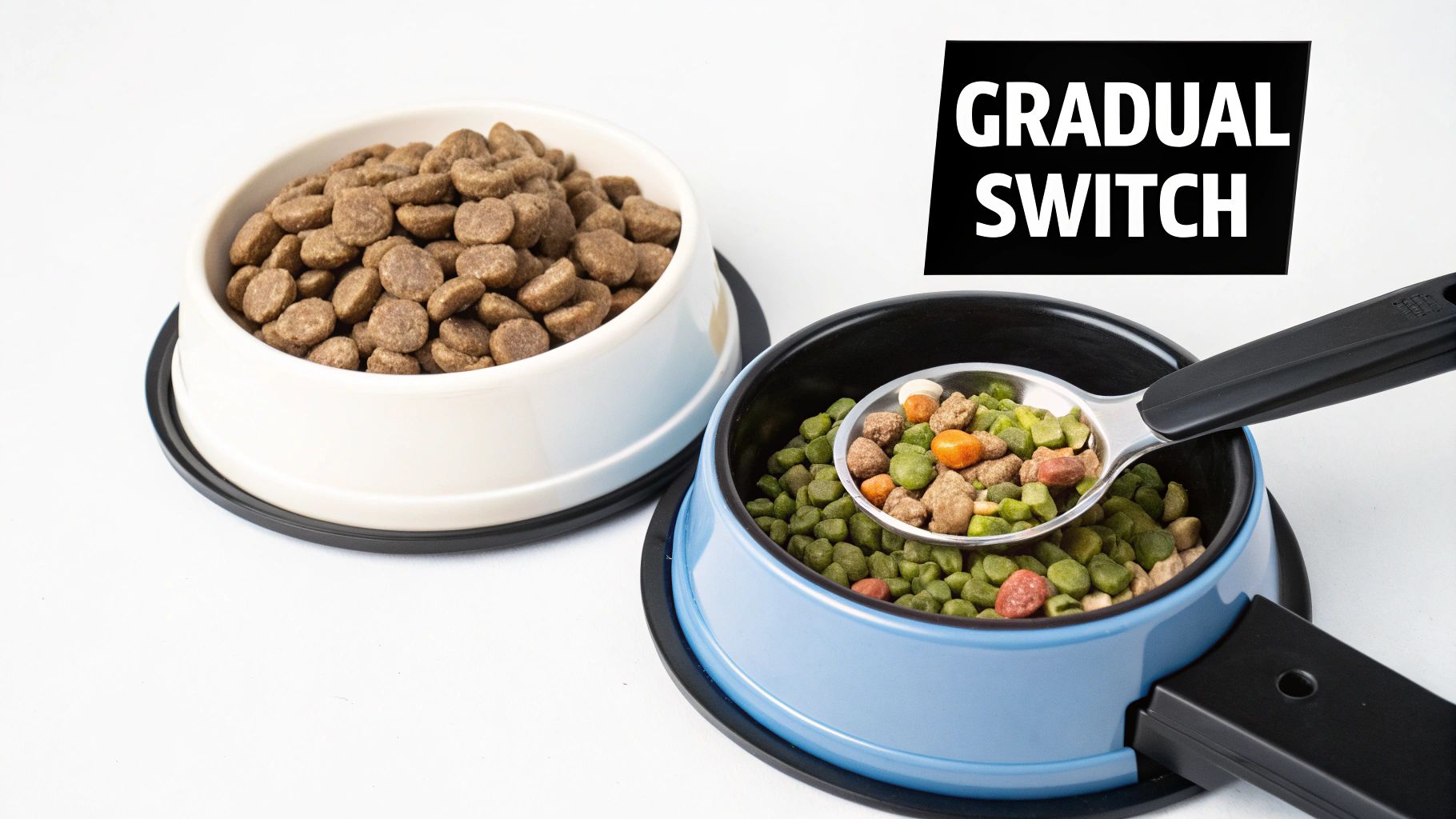 A person slowly mixing new limited ingredient dog food into a bowl with old food.