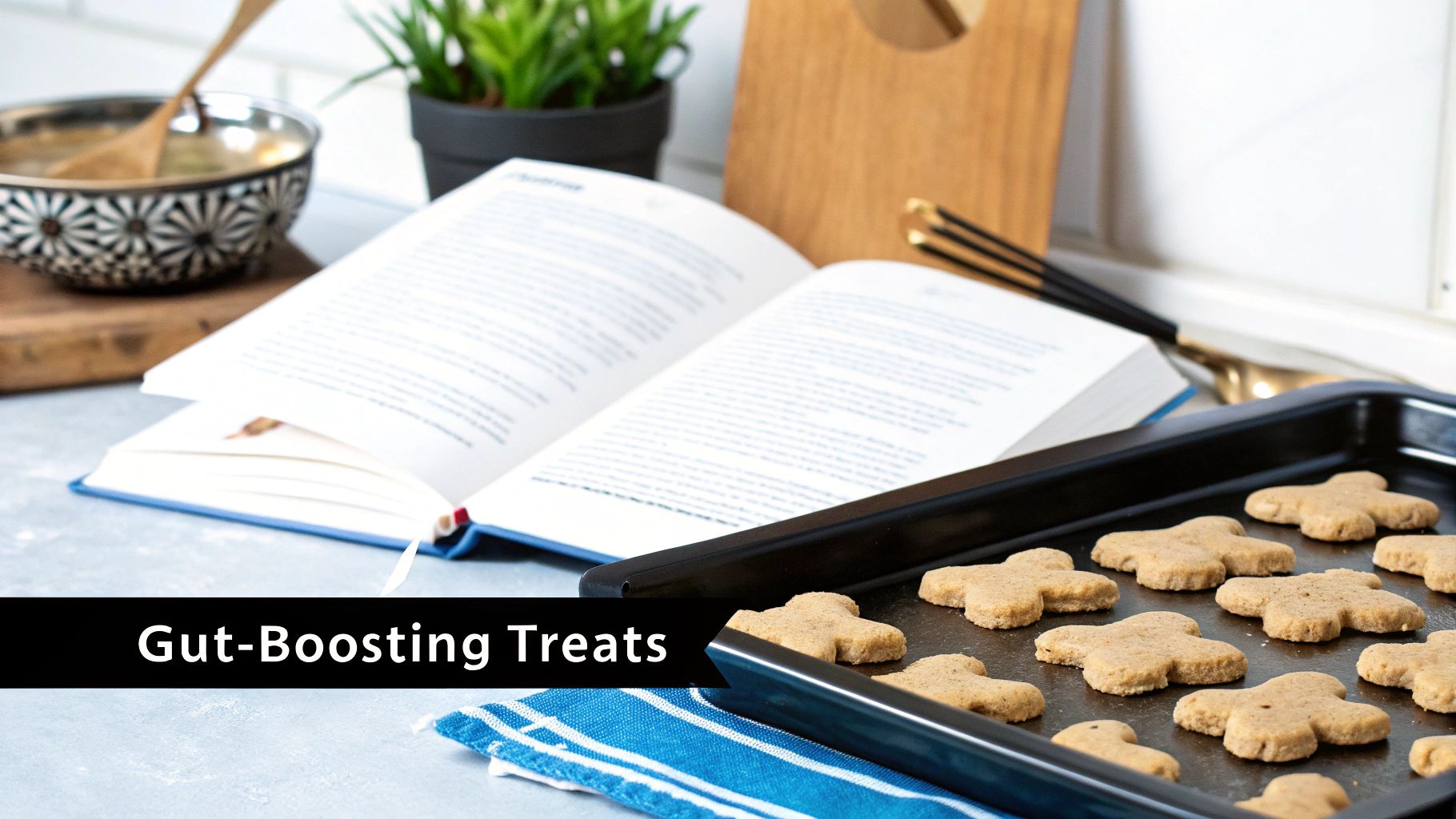 Paw-shaped gut-boosting treats on a baking tray next to an open cookbook and a mixing bowl.