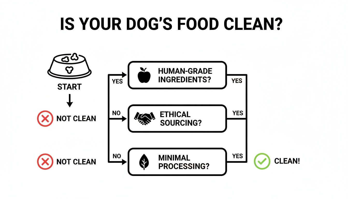 A flowchart asks: Is your dog's food clean? It checks for human-grade ingredients, ethical sourcing, and minimal processing.