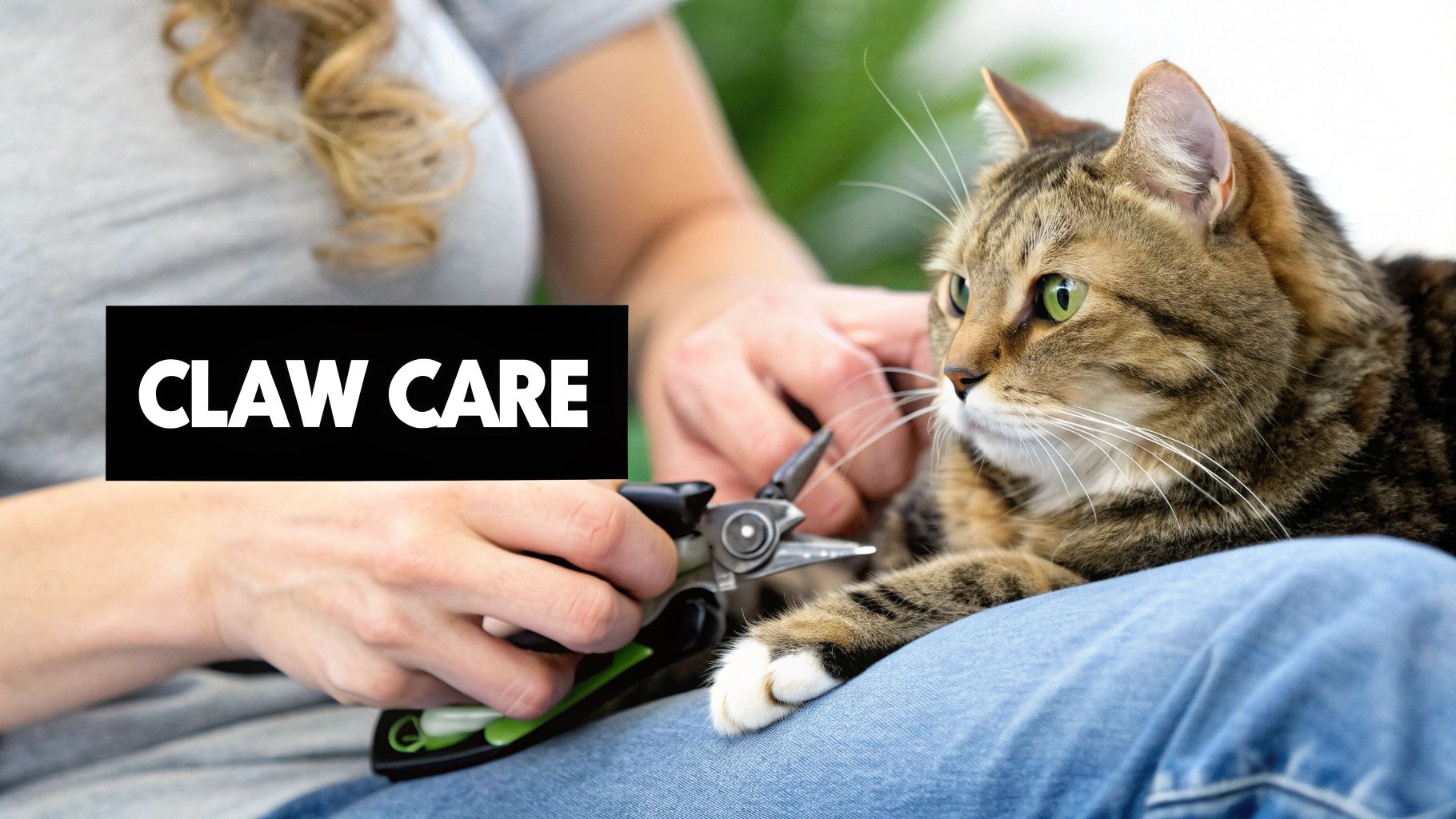A person carefully trims the claws of a calm tabby cat sitting on their lap, focusing on claw care.