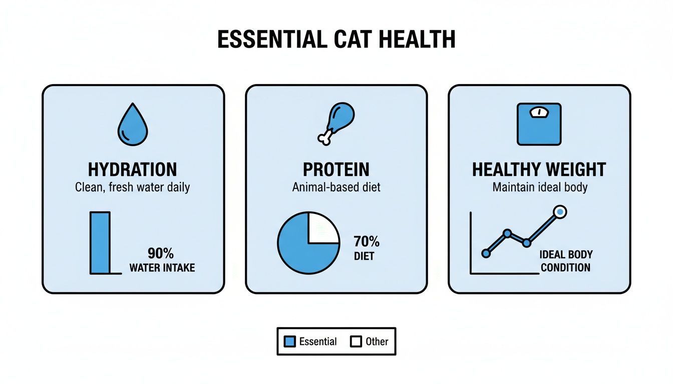Infographic illustrating essential cat health: hydration, protein, and maintaining a healthy weight.