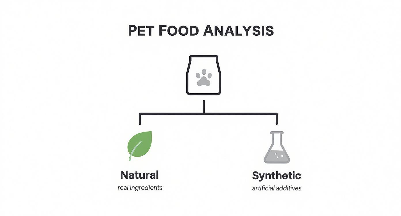 A diagram illustrating pet food analysis, distinguishing between natural (real ingredients) and synthetic (artificial additives).