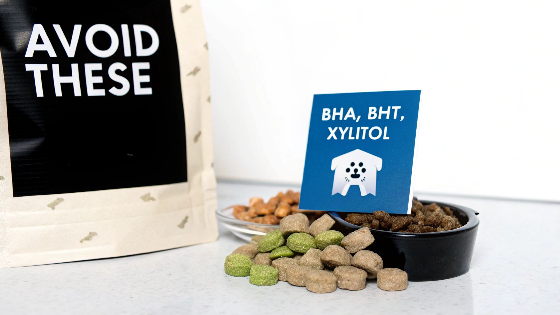 Dog treats display with sign warning to avoid BHA, BHT, and xylitol ingredients